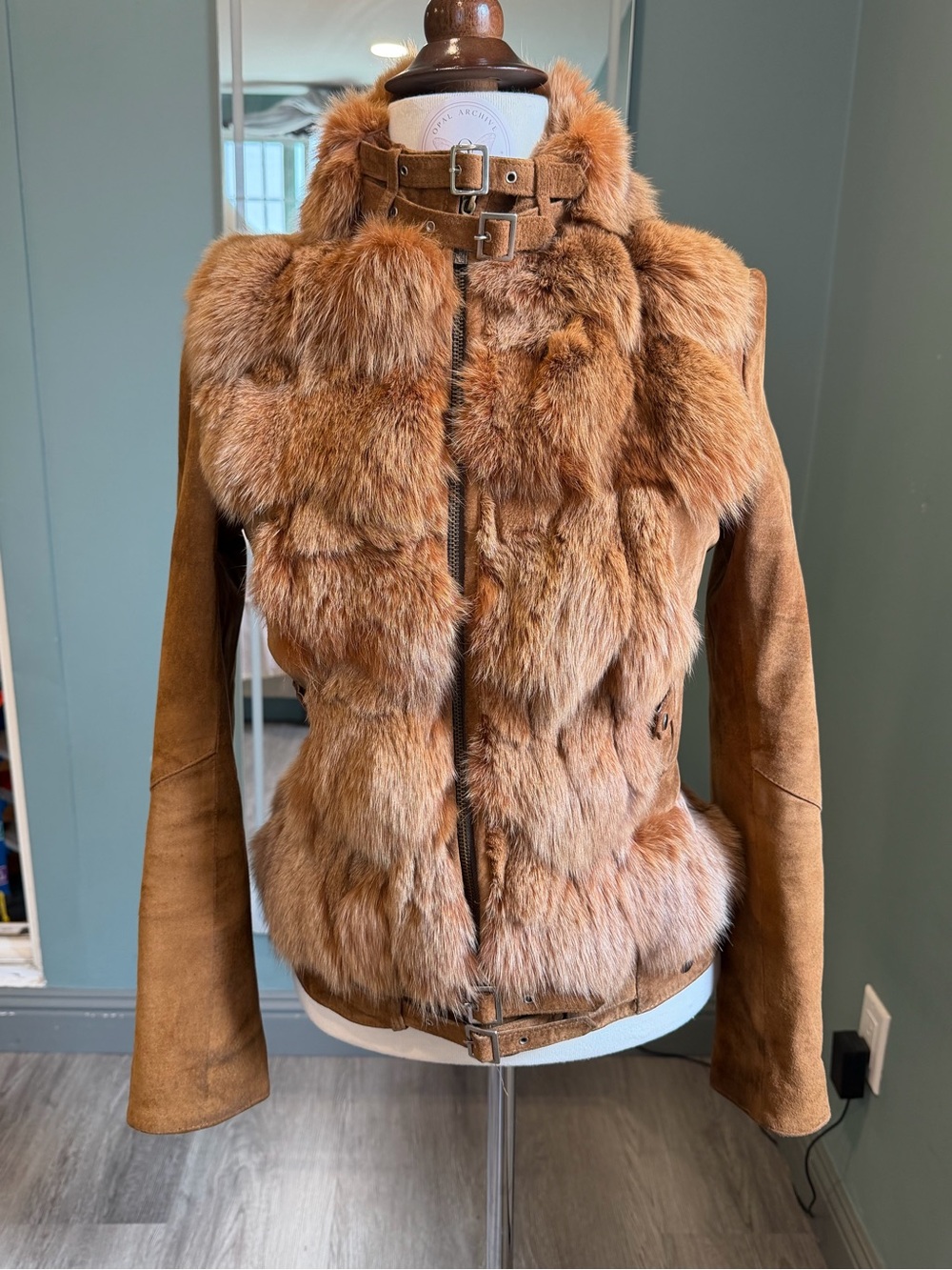 Vintage Fox Fur Pig Suede Leather High Stand Collar Fitted Moto Jacket XS/S
